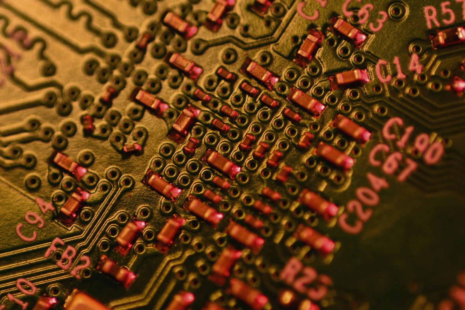 A close view of electronic components and a printed circuit board
